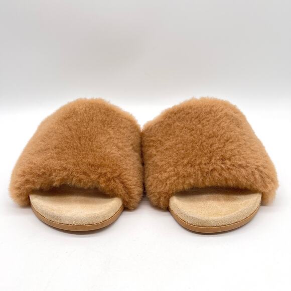 JENNI KAYNE Shearling Slide Sandal Womens 6 Tan Suede Fuzzy Slip On Comfy Casual - Picture 2 of 10